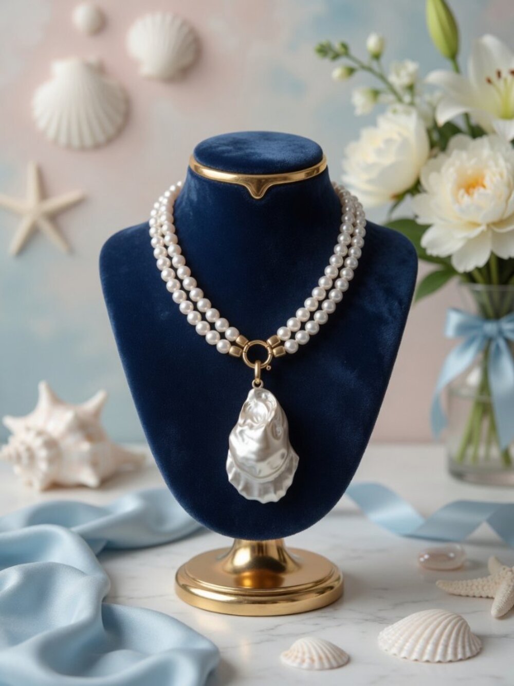 Double Strand Pearl Necklace with Baroque Pearl Pendant, Gold Toggle Clasp, Coas